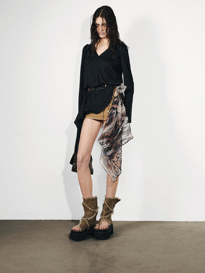 NORTH NODE Asymmetrical Patchwork Ruffle V-neck Loose Women&
