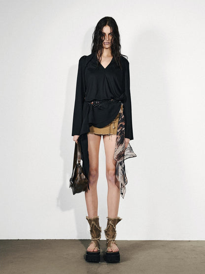 NORTH NODE Asymmetrical Patchwork Ruffle V-neck Loose Women&