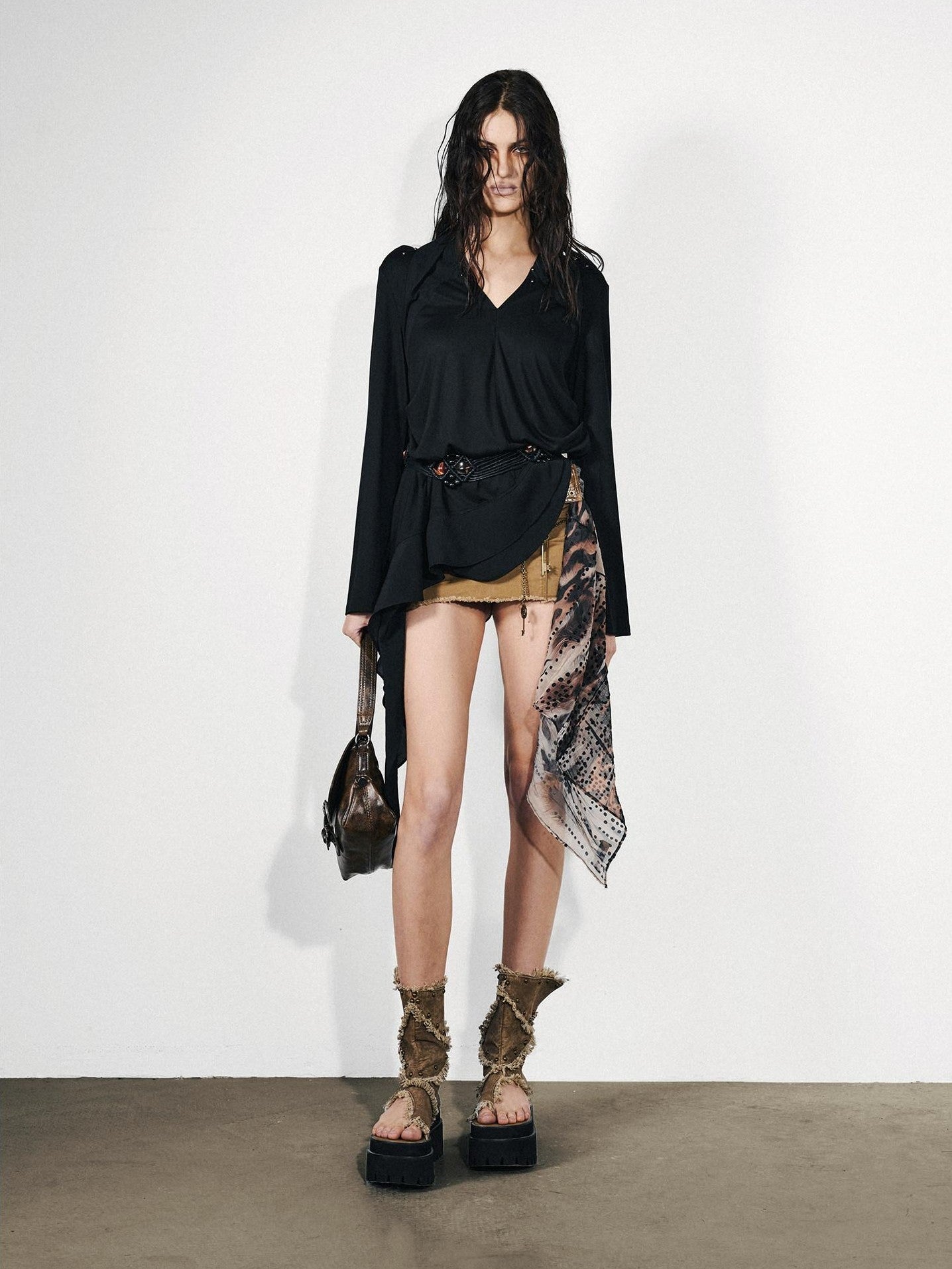 NORTH NODE Asymmetrical Patchwork Ruffle V-neck Loose Women&