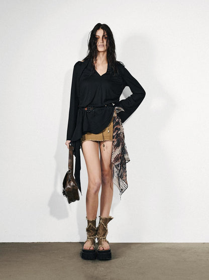 NORTH NODE Asymmetrical Patchwork Ruffle V-neck Loose Women&