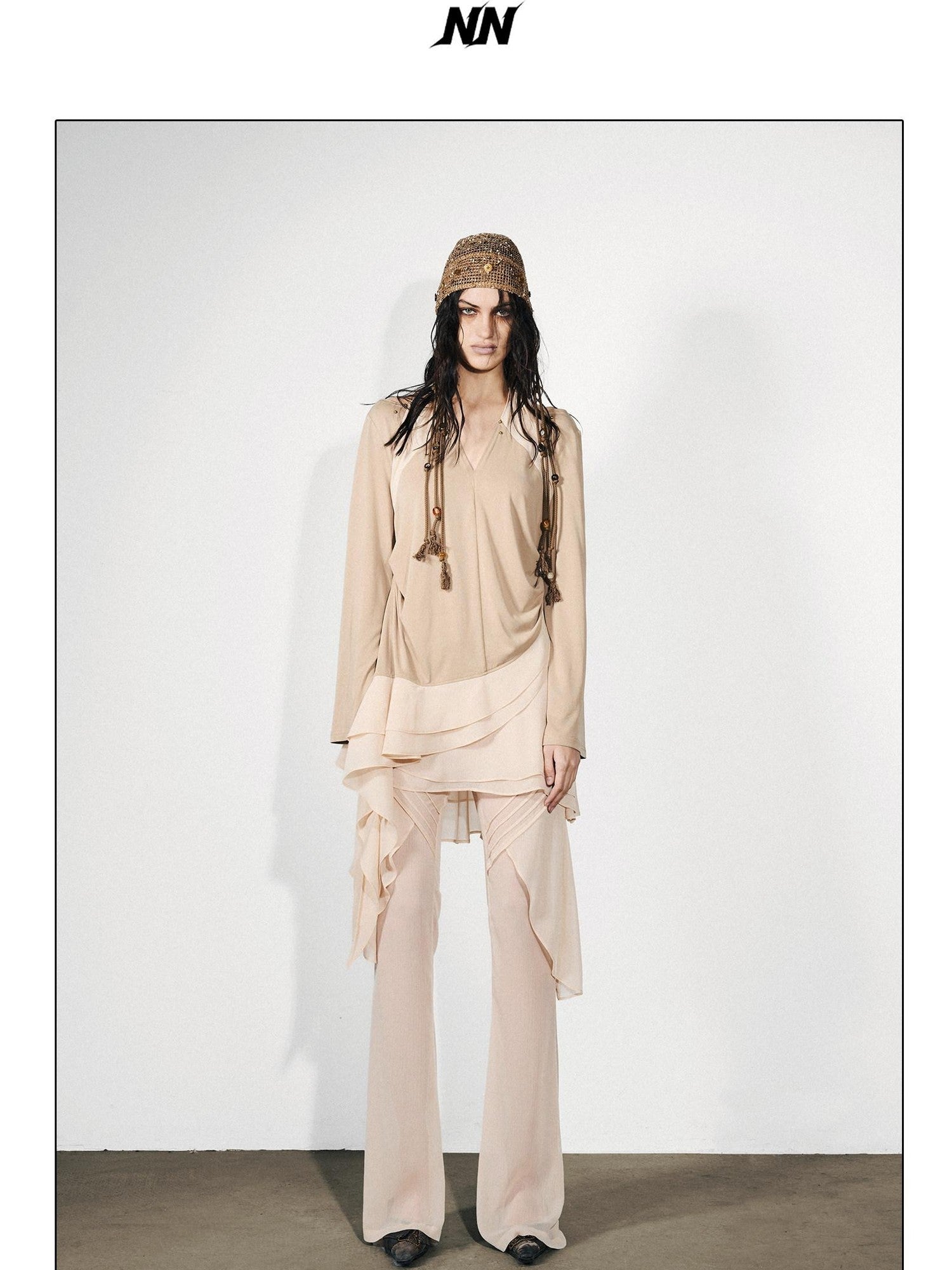 NORTH NODE Asymmetrical Patchwork Ruffle V-neck Loose Women&