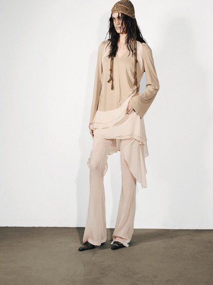 NORTH NODE Asymmetrical Patchwork Ruffle V-neck Loose Women&