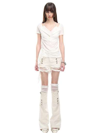 NORTH NODE Asymmetrical Ruffle Knitted Beaded Halter Women&
