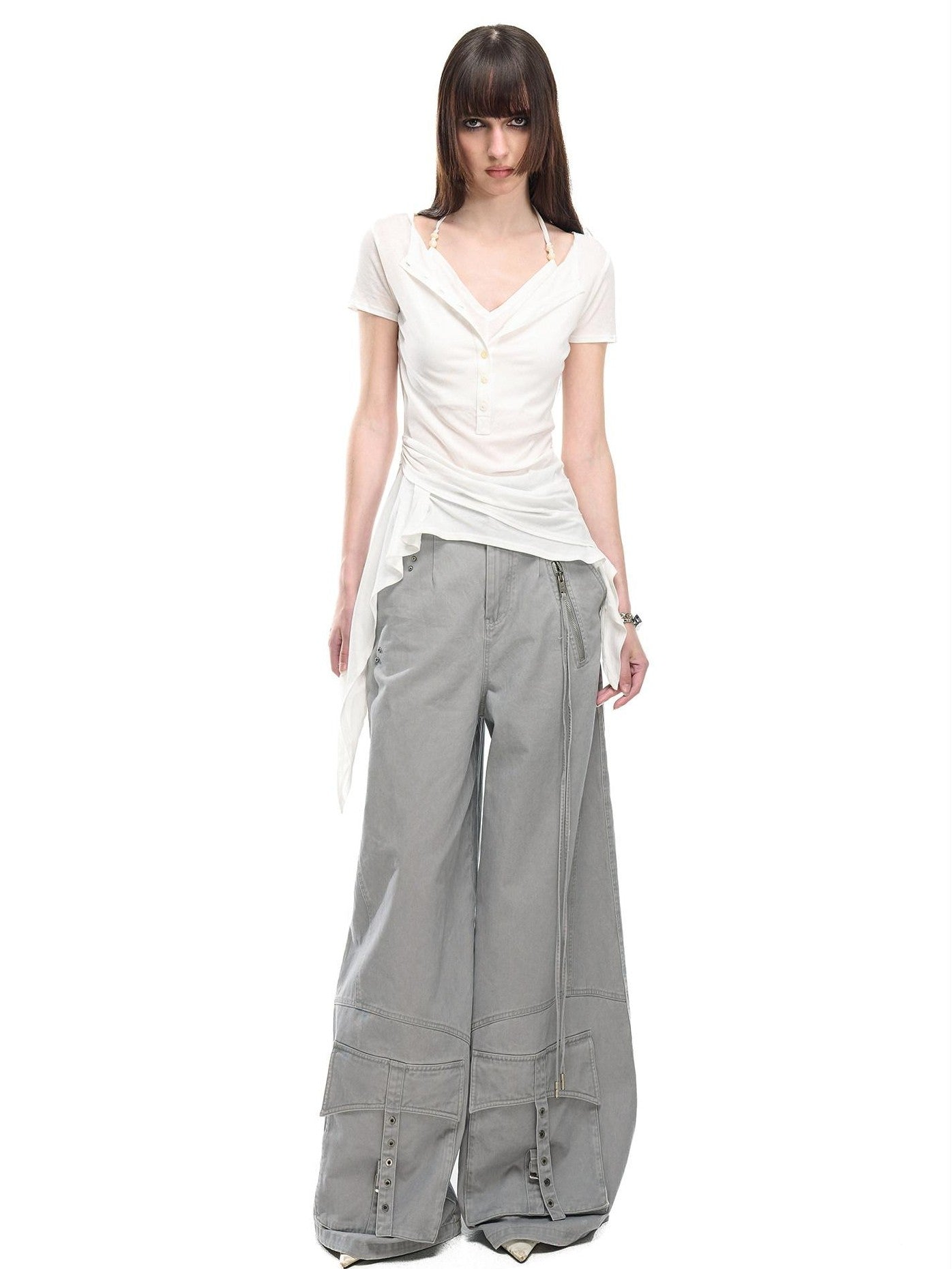 NORTH NODE Asymmetrical Ruffle Knitted Beaded Halter Women&