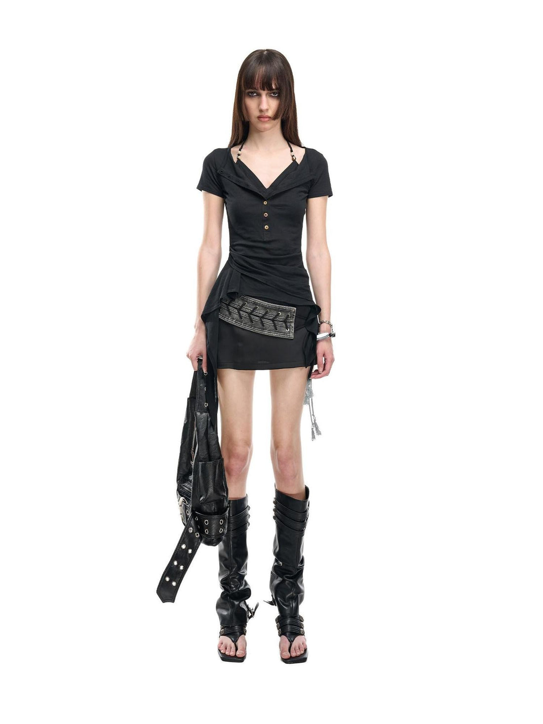 NORTH NODE Asymmetrical Ruffle Knitted Beaded Halter Women&