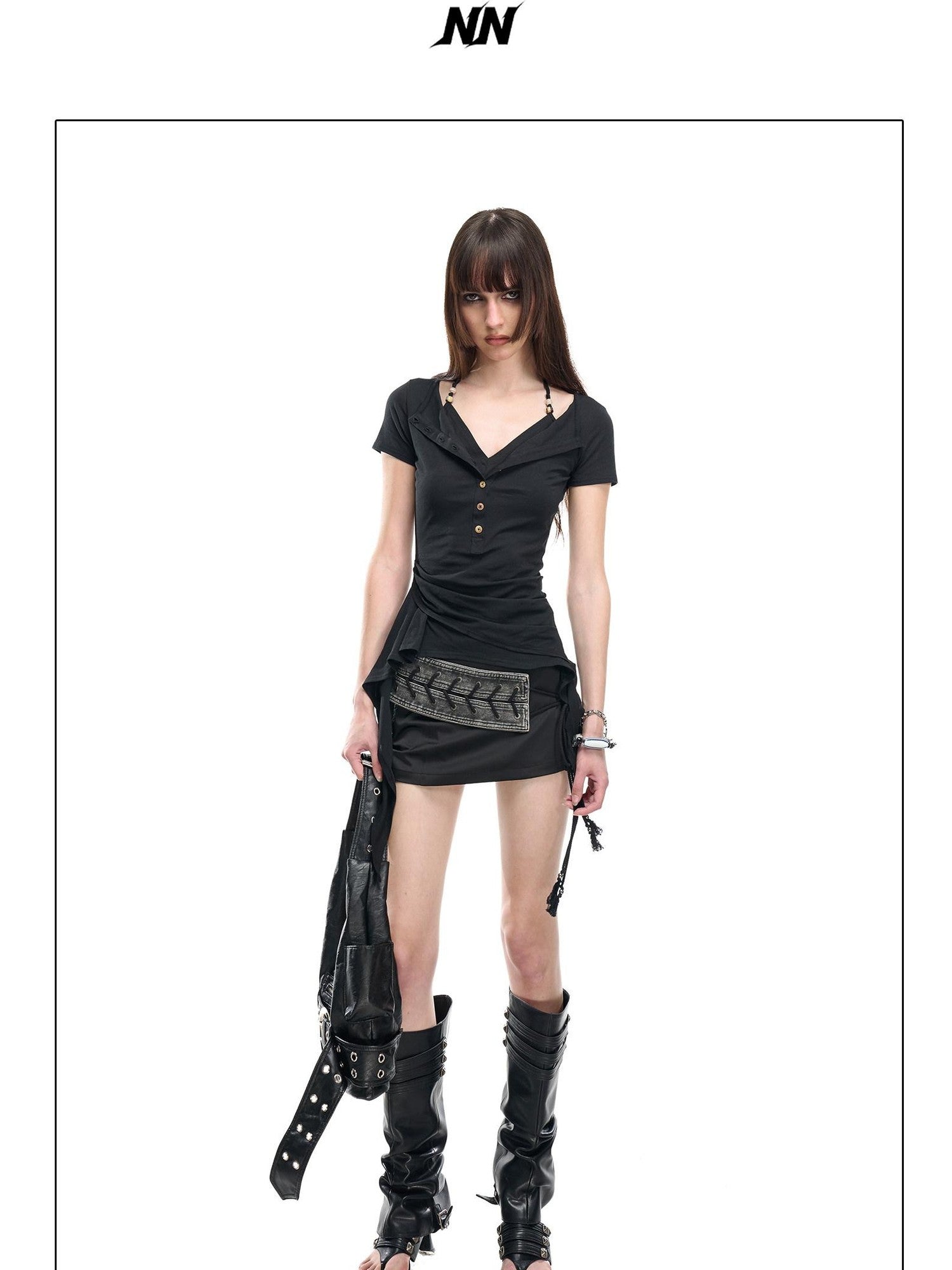 NORTH NODE Asymmetrical Ruffle Knitted Beaded Halter Women&