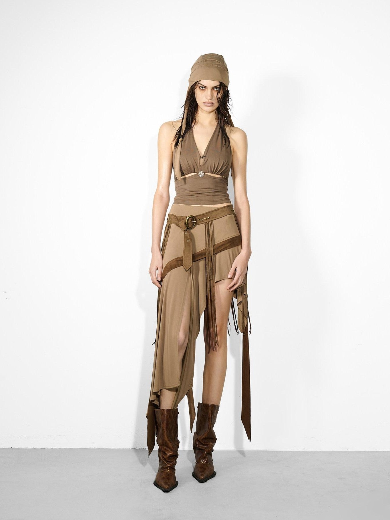 NORTH NODE Asymmetrical Ruffled Spliced Front Slit Women&