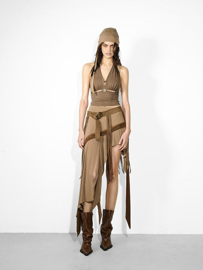 NORTH NODE Asymmetrical Ruffled Spliced Front Slit Women&