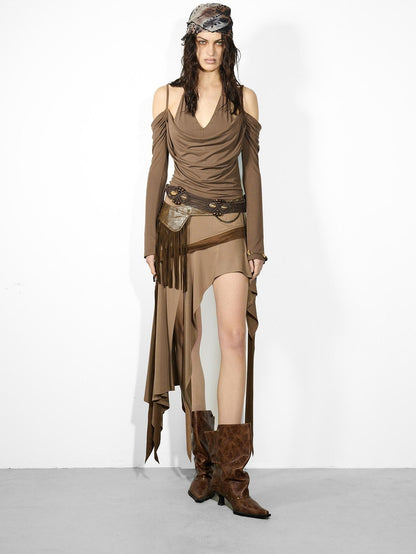 NORTH NODE Asymmetrical Ruffled Spliced Front Slit Women&