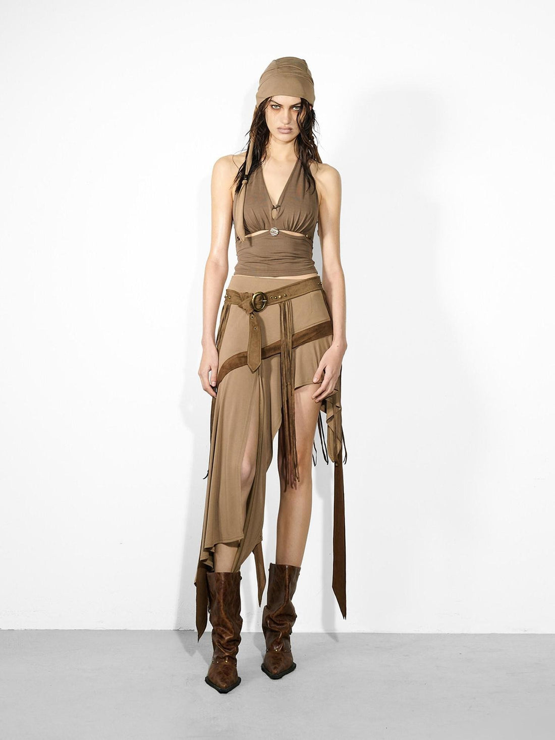 NORTH NODE Asymmetrical Ruffled Spliced Front Slit Women&