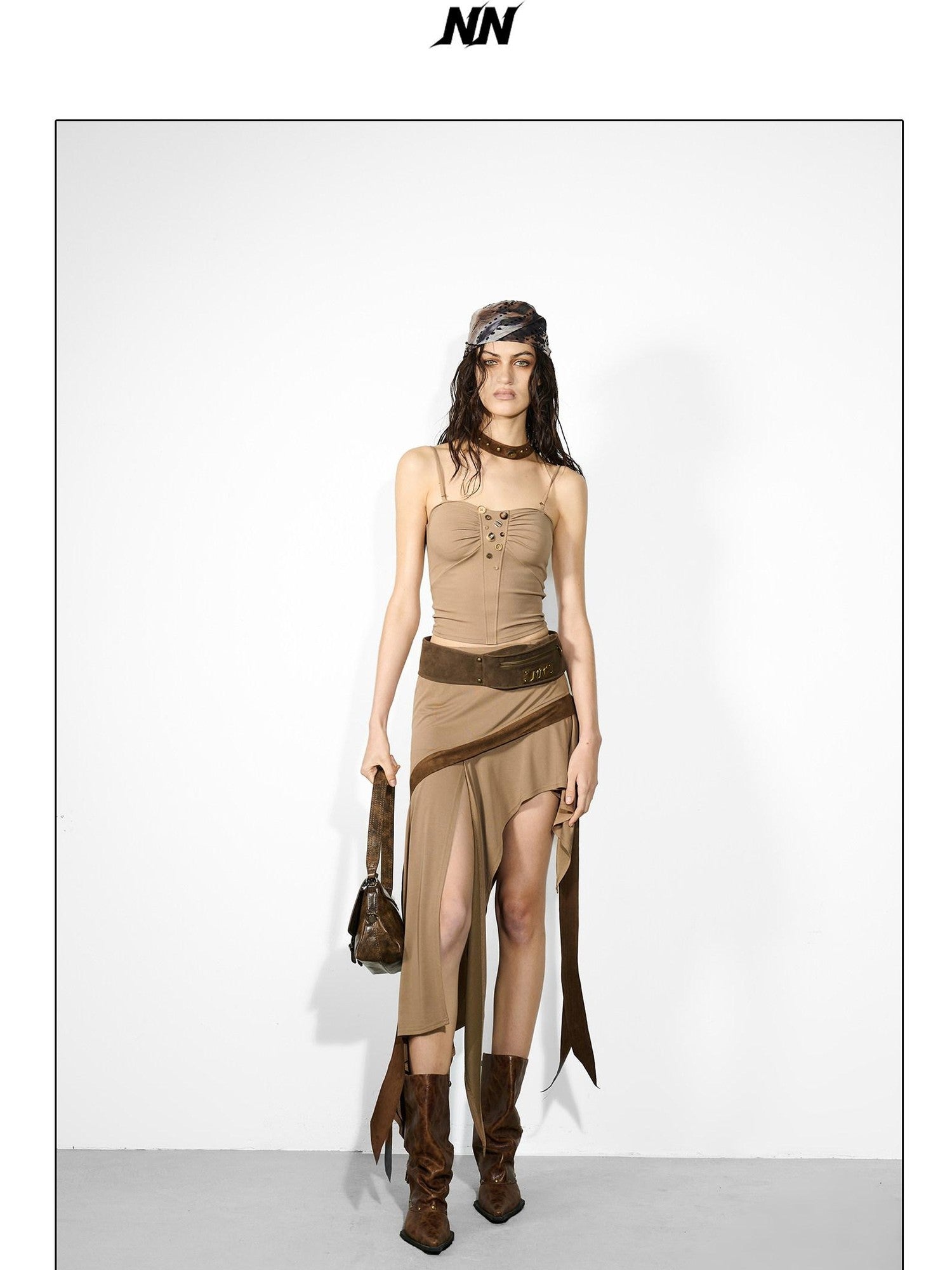 NORTH NODE Asymmetrical Ruffled Spliced Front Slit Women&