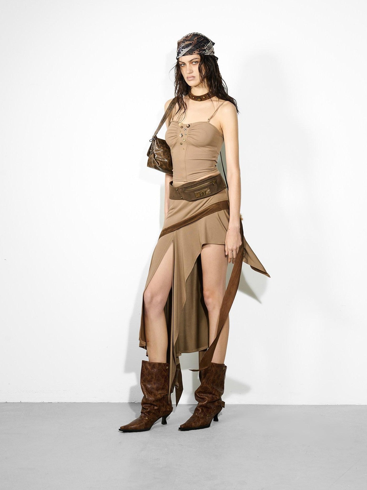 NORTH NODE Asymmetrical Ruffled Spliced Front Slit Women&