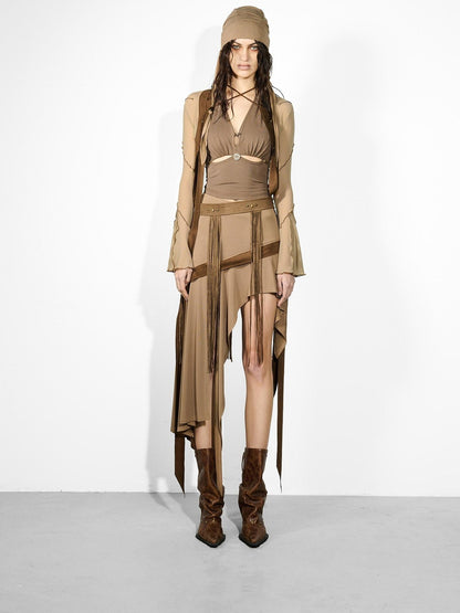 NORTH NODE Asymmetrical Ruffled Spliced Front Slit Women&