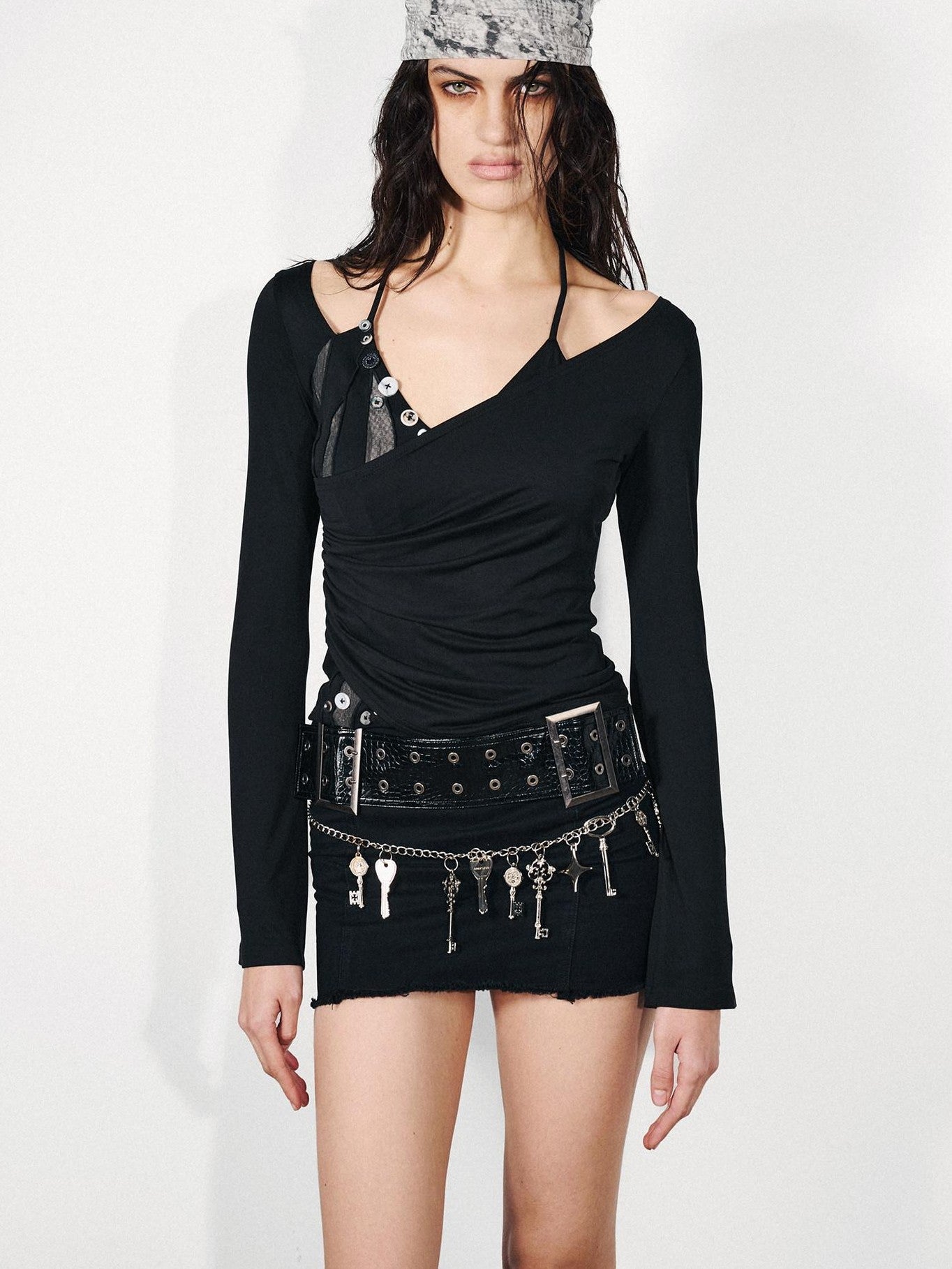 NORTH NODE Bark Print Faux Layered Halter Patchwork V-neck Women&