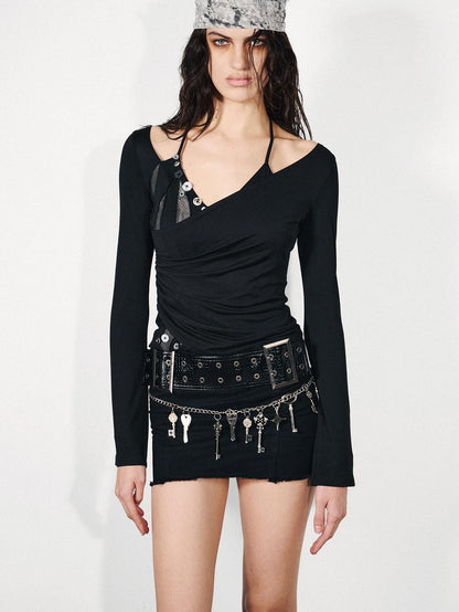 NORTH NODE Bark Print Faux Layered Halter Patchwork V-neck Women&