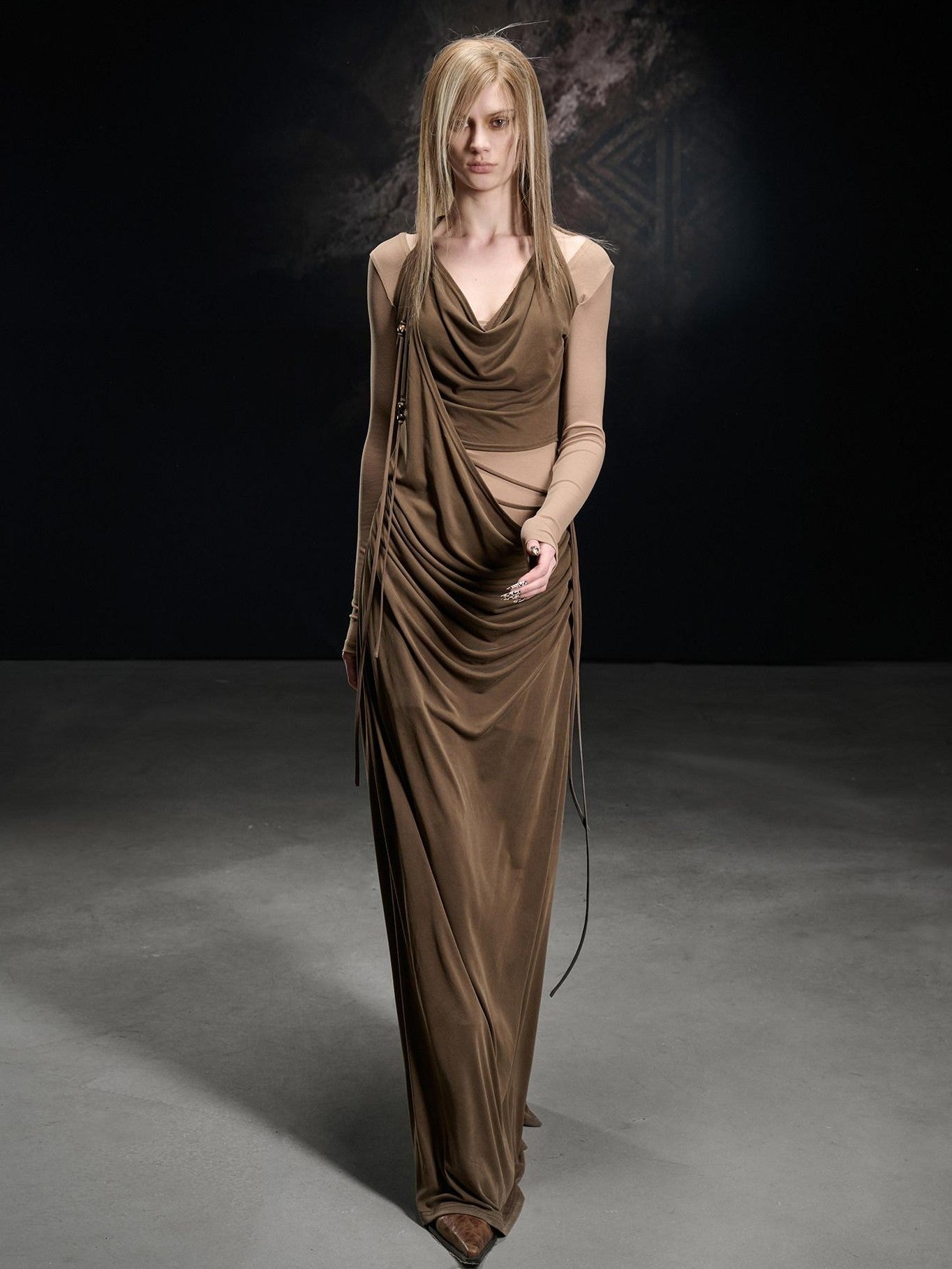 NORTH NODE Beaded Cowl Neck Patchwork Pleated Women&