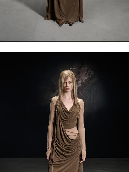NORTH NODE Beaded Cowl Neck Patchwork Pleated Women&