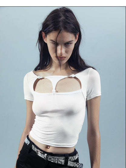 NORTH NODE Beaded Cutout Round Neck Short Sleeve T Shirt Women&