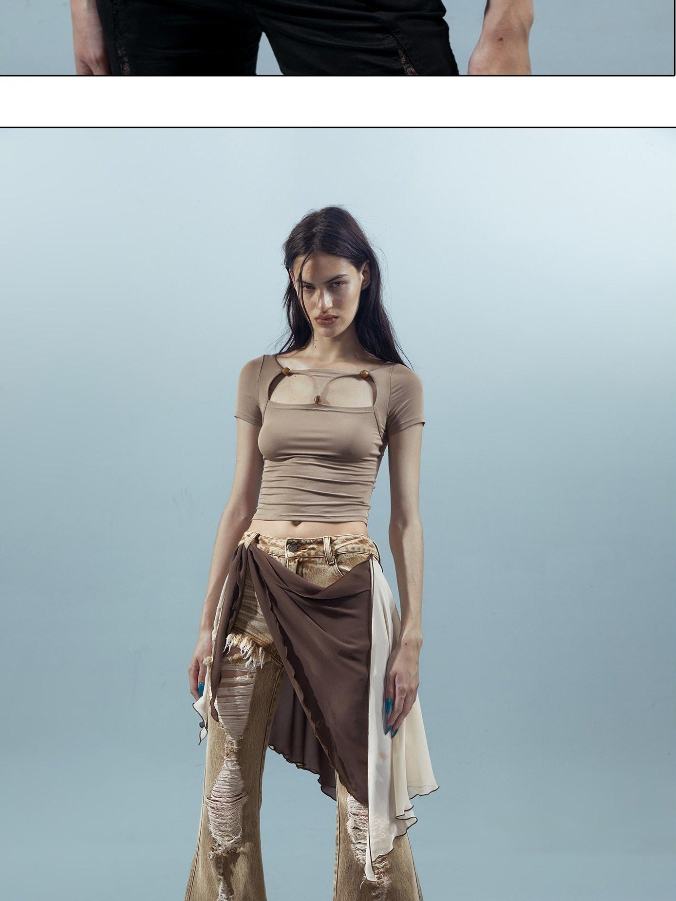 NORTH NODE Beaded Cutout Round Neck Short Sleeve T Shirt Women&