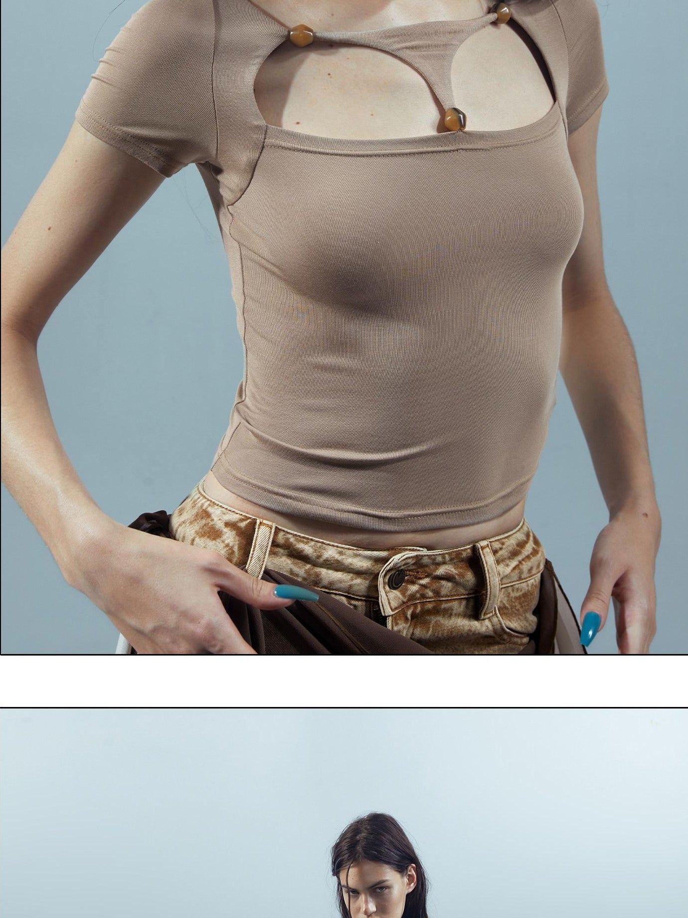 NORTH NODE Beaded Cutout Round Neck Short Sleeve T Shirt Women&