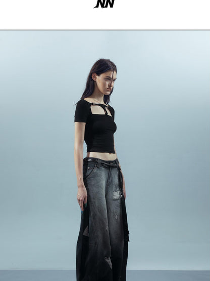 NORTH NODE Beaded Cutout Round Neck Short Sleeve T Shirt Women&