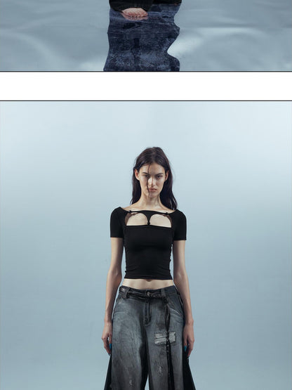 NORTH NODE Beaded Cutout Round Neck Short Sleeve T Shirt Women&