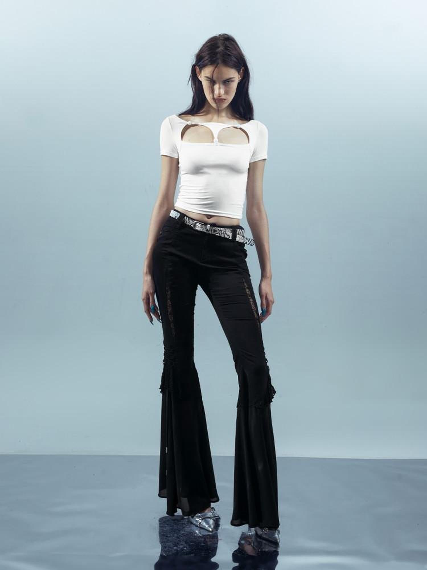 NORTH NODE Beaded Cutout Round Neck Short Sleeve T Shirt Women&
