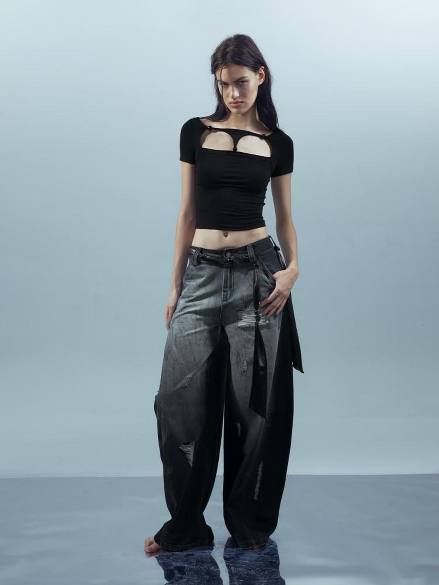 NORTH NODE Beaded Cutout Round Neck Short Sleeve T Shirt Women&