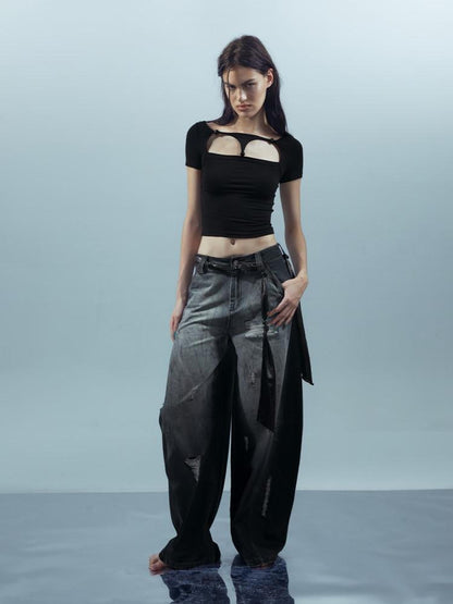 NORTH NODE Beaded Cutout Round Neck Short Sleeve T Shirt Women&