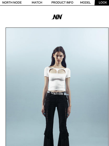 NORTH NODE Beaded Cutout Round Neck Short Sleeve T Shirt Women&