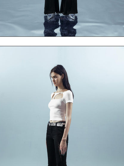 NORTH NODE Beaded Cutout Round Neck Short Sleeve T Shirt Women&
