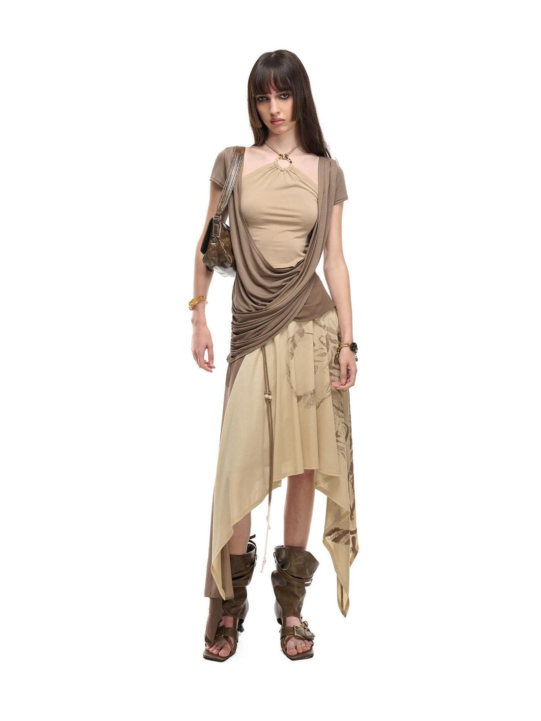 NORTH NODE Beaded Halter Draped Asymmetric Ruched Women&