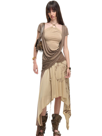 NORTH NODE Beaded Halter Draped Asymmetric Ruched Women&