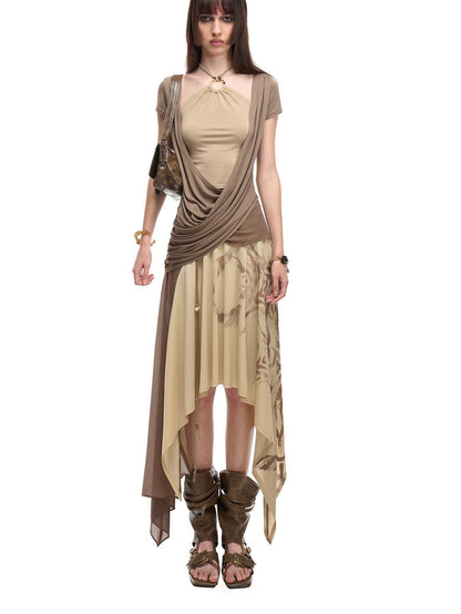 NORTH NODE Beaded Halter Draped Asymmetric Ruched Women&