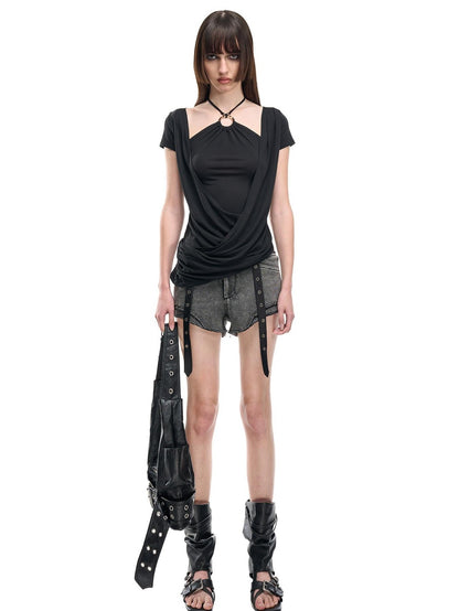 NORTH NODE Beaded Halter Draped Asymmetric Ruched Women&