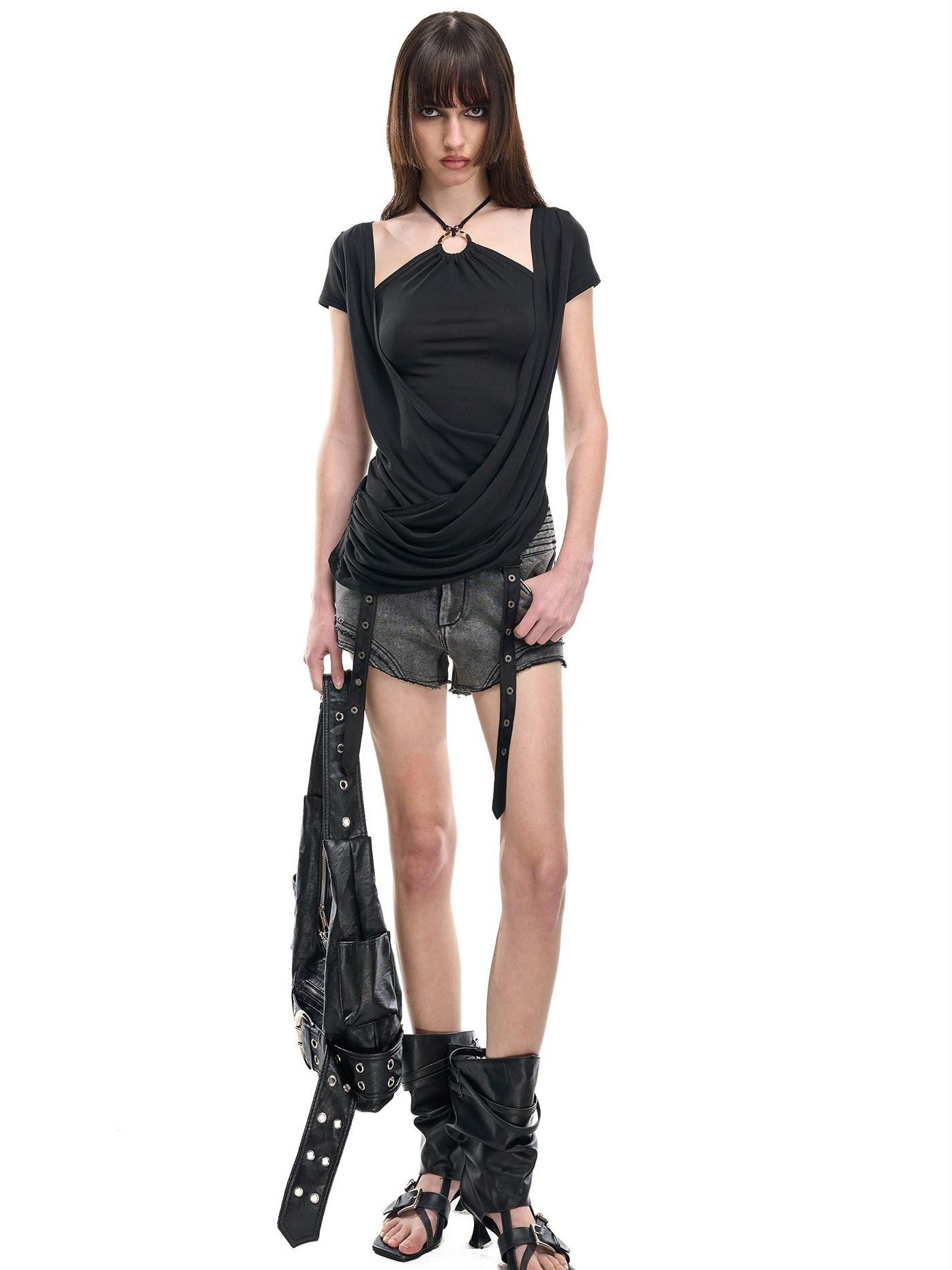 NORTH NODE Beaded Halter Draped Asymmetric Ruched Women&