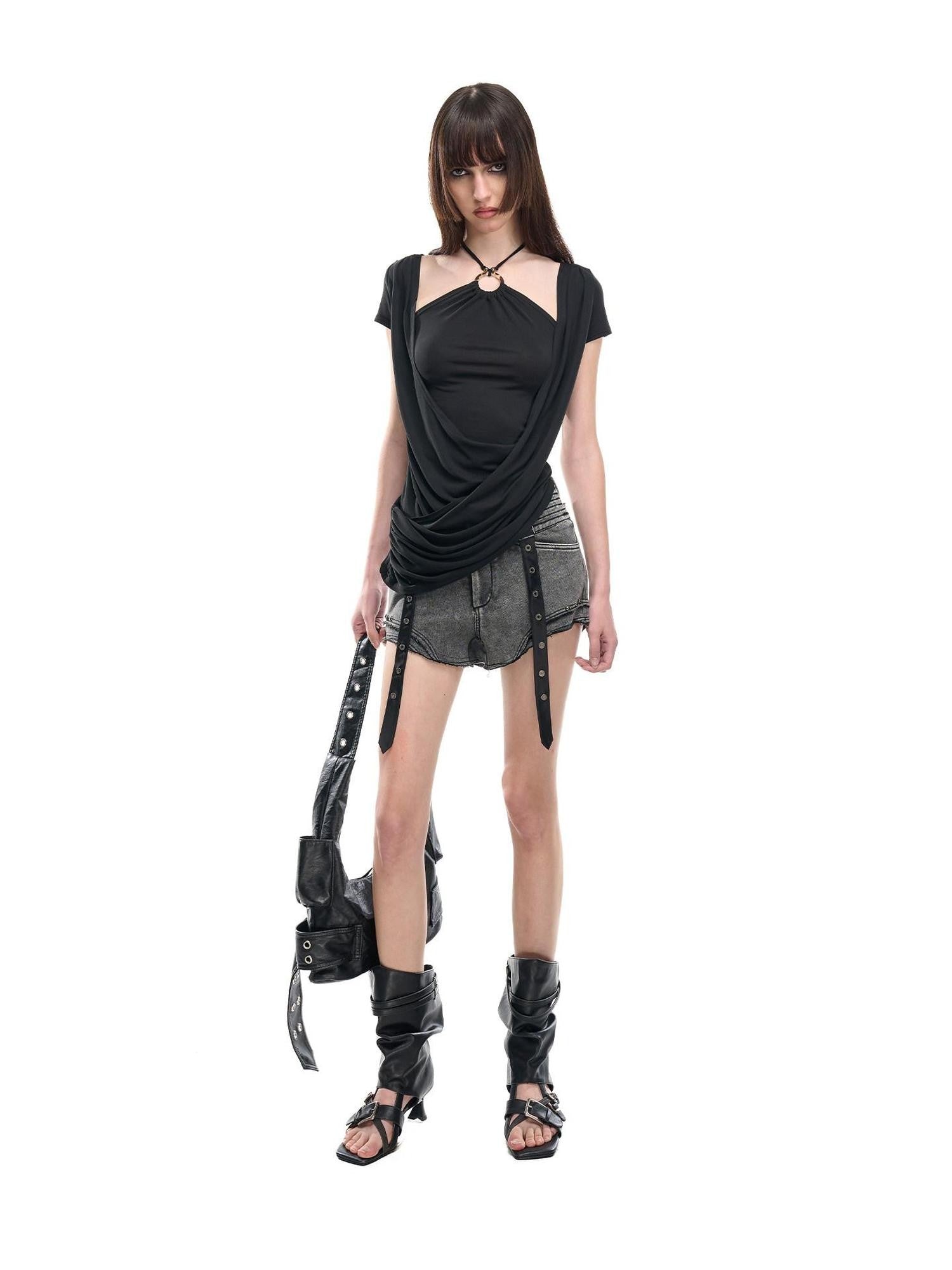 NORTH NODE Beaded Halter Draped Asymmetric Ruched Women&