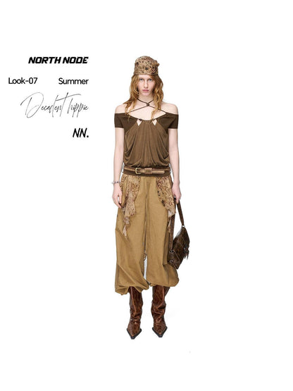 NORTH NODE Beaded Halter Neck Patchwork Short Sleeve Women&