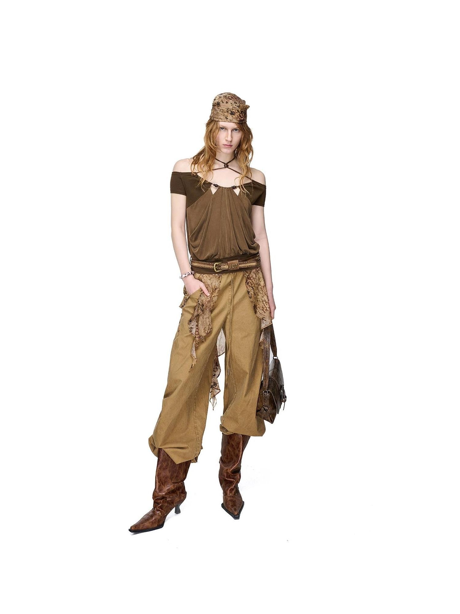 NORTH NODE Beaded Halter Neck Patchwork Short Sleeve Women&