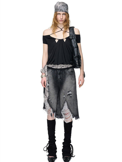 NORTH NODE Beaded Halter Neck Patchwork Short Sleeve Women&