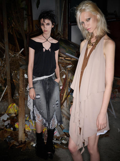 NORTH NODE Beaded Halter Neck Patchwork Short Sleeve Women&