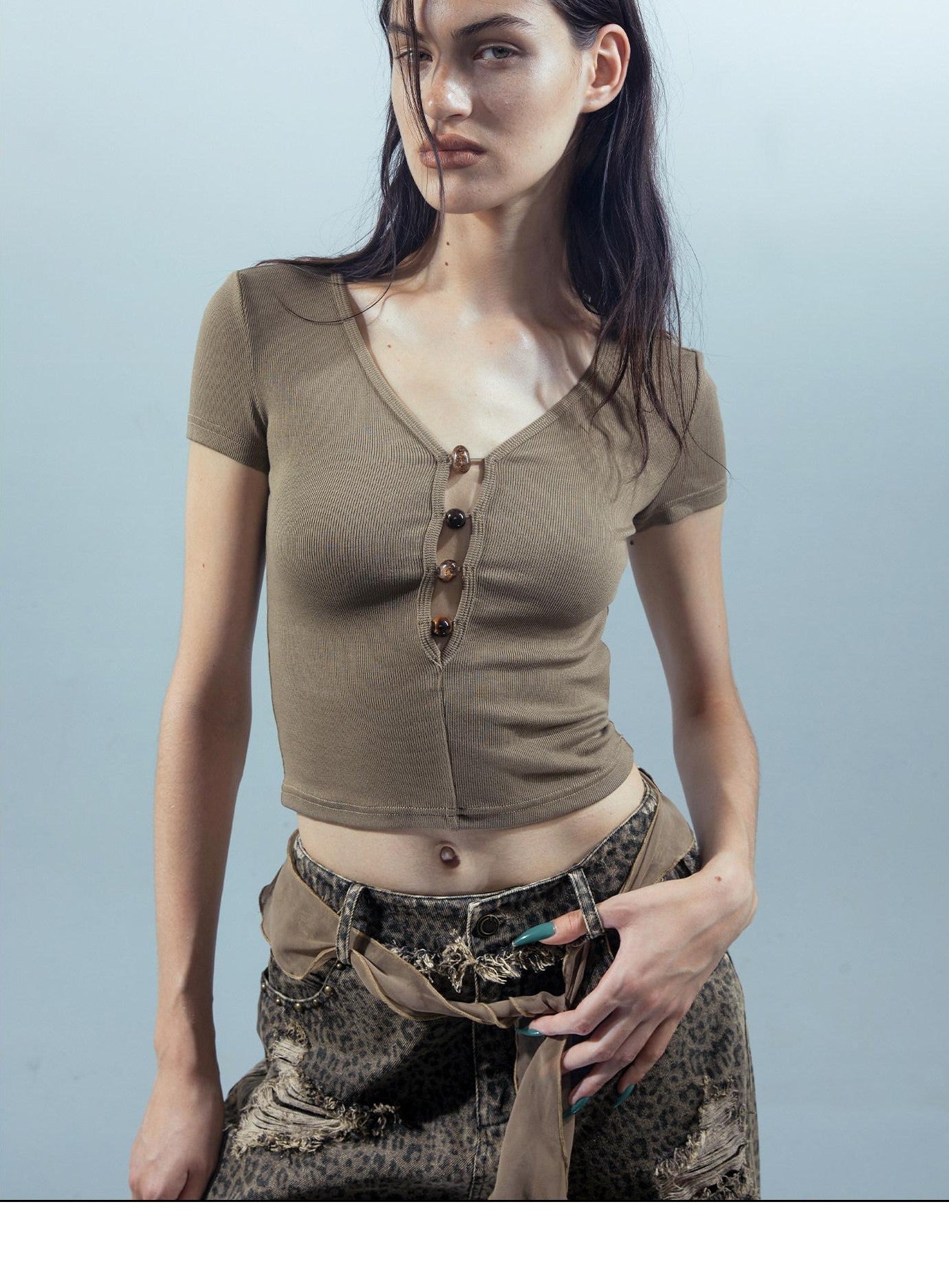 NORTH NODE Beaded Open Back V-neck Short Sleeve Women&