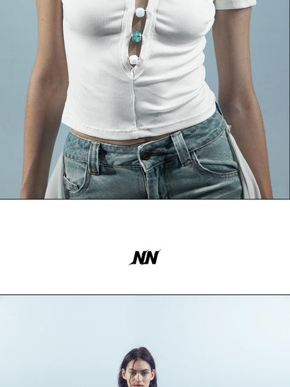NORTH NODE Beaded Open Back V-neck Short Sleeve Women&