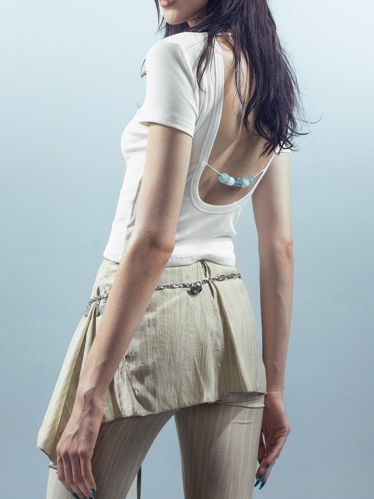 NORTH NODE Beaded Open Back V-neck Short Sleeve Women&