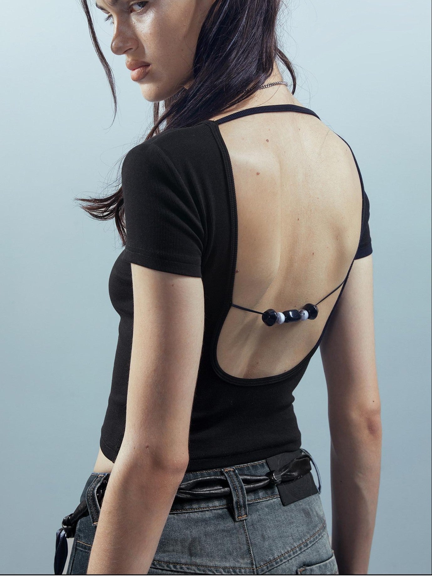 NORTH NODE Beaded Open Back V-neck Short Sleeve Women&