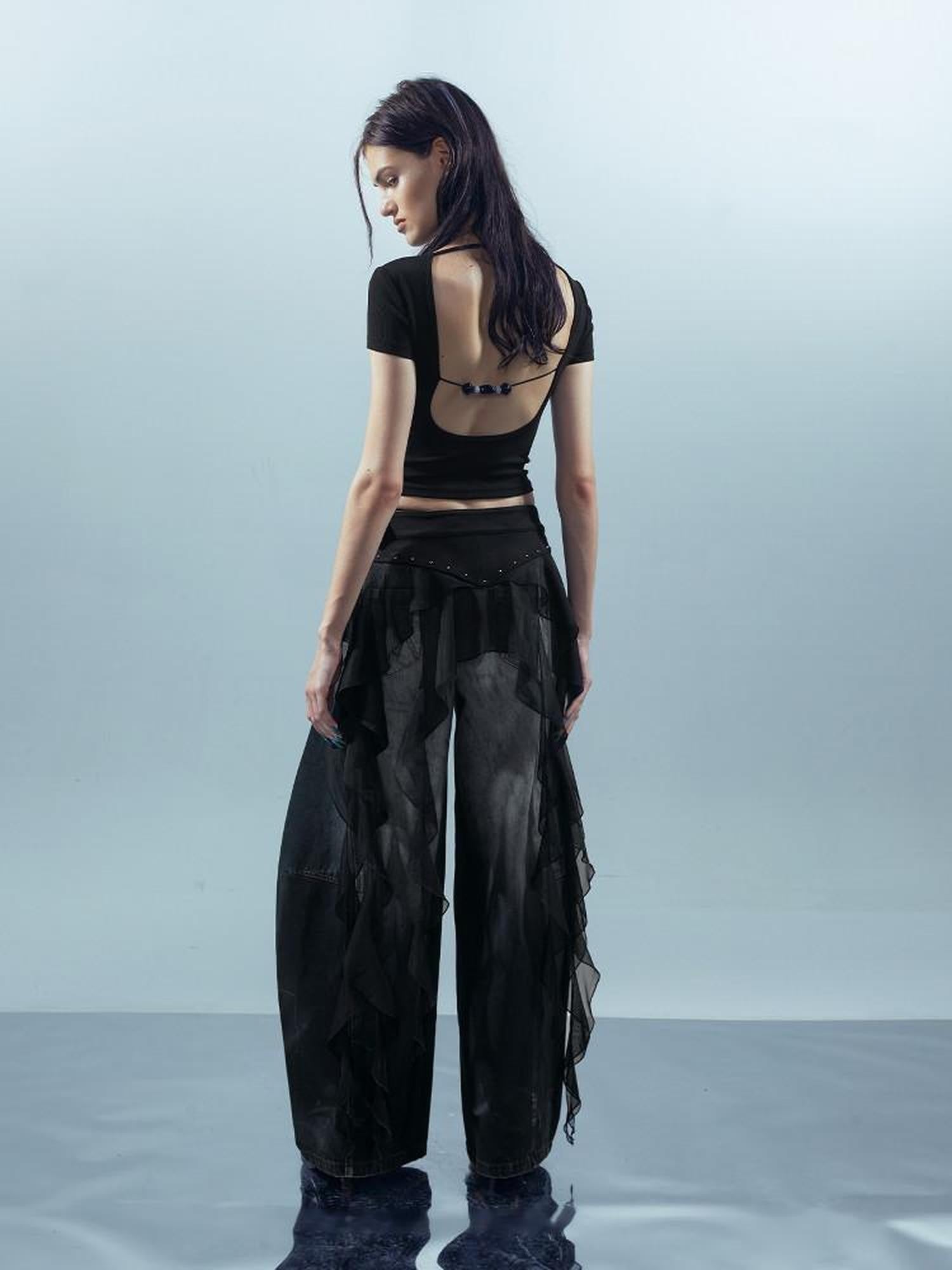 NORTH NODE Beaded Open Back V-neck Short Sleeve Women&