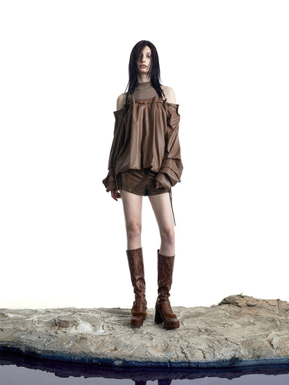 NORTH NODE Beaded Ribbed Spliced Off Shoulder Drawstring Pullover Women&