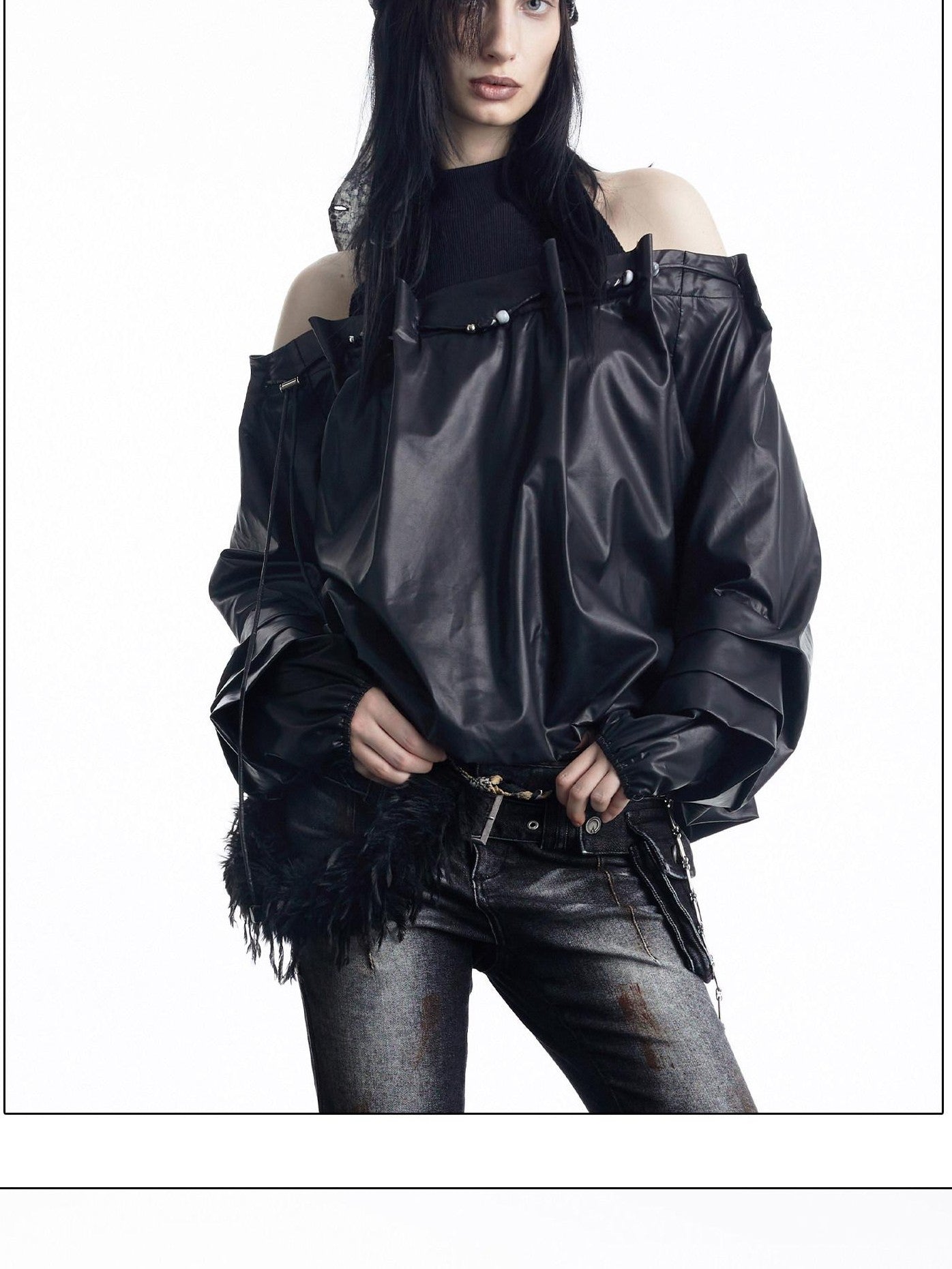 NORTH NODE Beaded Ribbed Spliced Off Shoulder Drawstring Pullover Women&