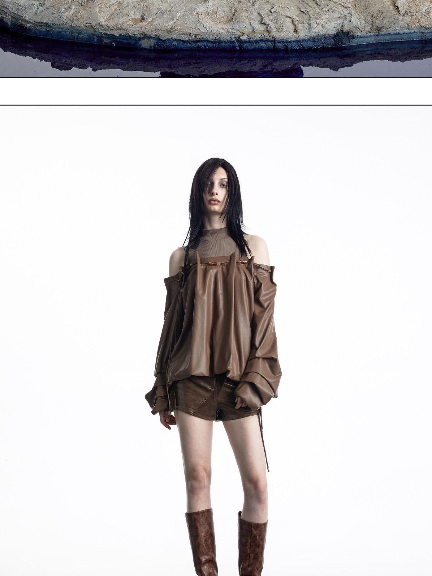 NORTH NODE Beaded Ribbed Spliced Off Shoulder Drawstring Pullover Women&