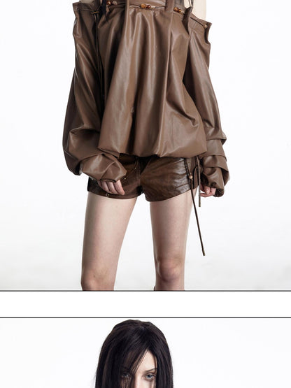 NORTH NODE Beaded Ribbed Spliced Off Shoulder Drawstring Pullover Women&